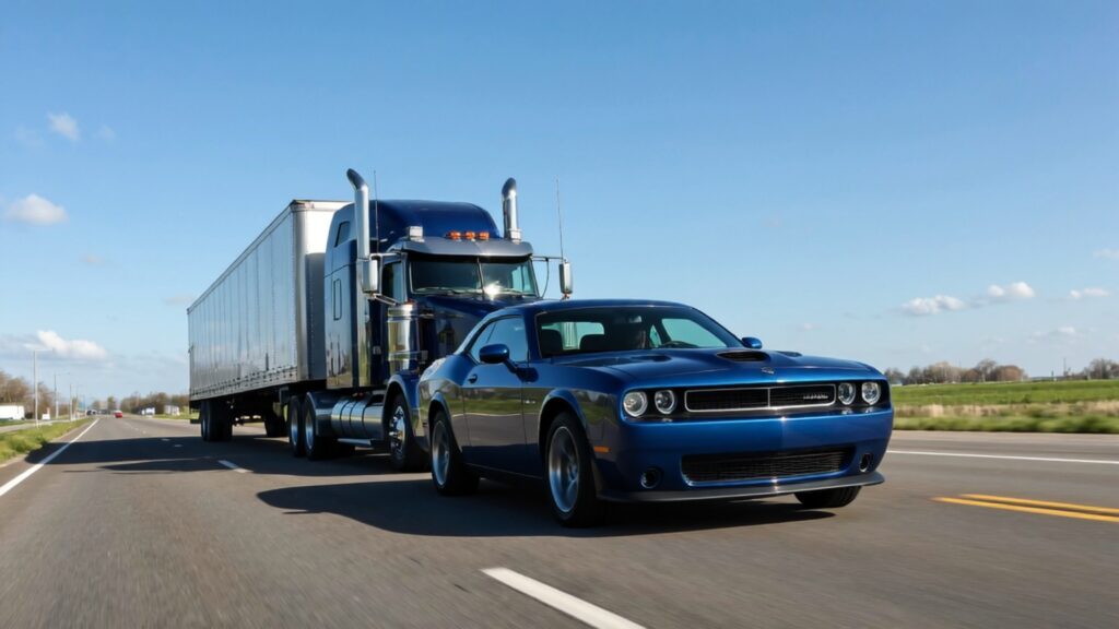 Samantha Parian una imagen de un 2013 Dodge Challenger y un tractor semi en la carretera f70401e3 414b 4061 b4f3 05b955596926