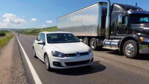 White Golf beside a semi-truck