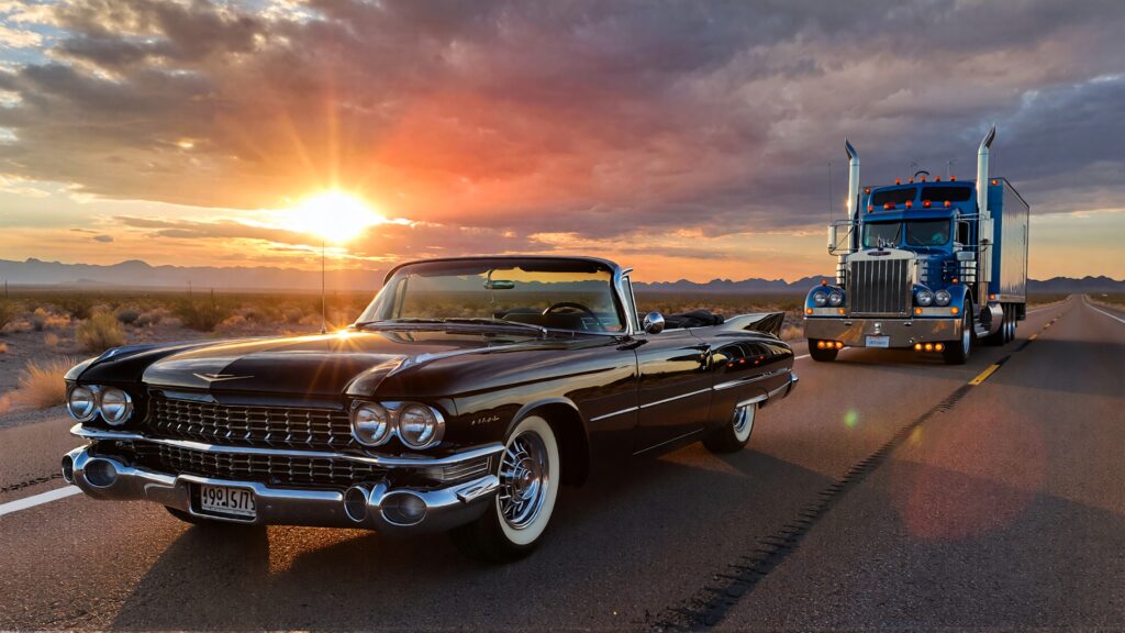 Juris digital a Cadillac and a semi truck on the road d2737e9c b028 4005 9ef0 8ac97c0a8e7a