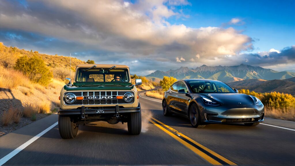 Juris digital a Ford Bronco and a Tesla Model 3 on the road 08c2ed9c bf6e 4fd7 a7a1 b846ce91629b