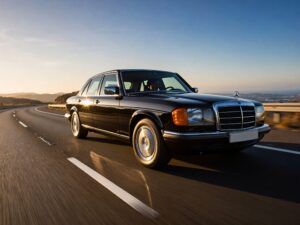 Classic Mercedes-Benz driving on highway.