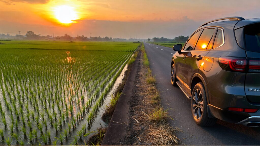Juris digital un coche en un campo de arroz junto a la autopista b43af198 2996 4f9c ba62 1b5e573df81d