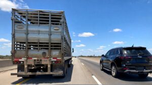 Cattle truck and SUV on highway.