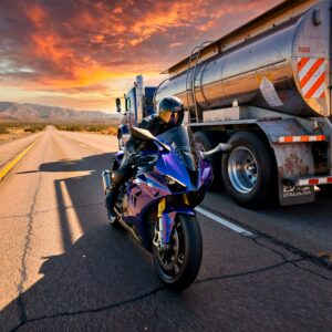 Motorcycle beside a fuel tanker.