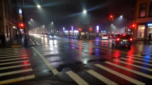 Wet street with traffic lights at night