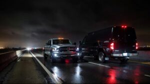 Silver truck and black van at night