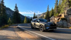 Toyota SUV on scenic mountain road