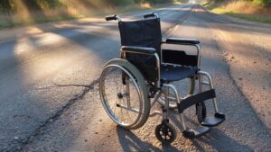 Lonely wheelchair on empty road