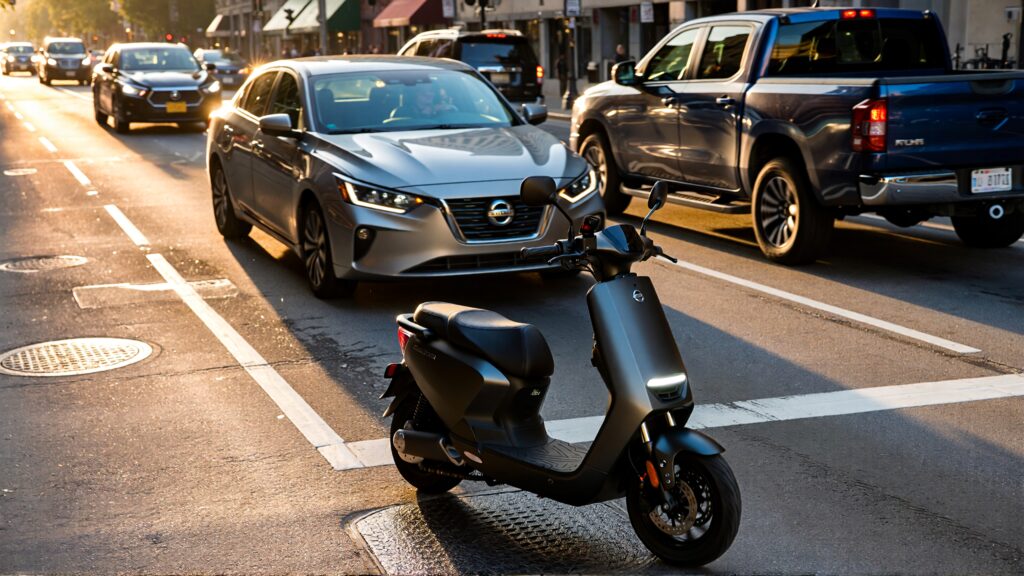 Juris digital an electric scooter a Nissan and a pickup truck on the road 1e9a2dec e4ea 459b 9e96 9fef07bf8135 1