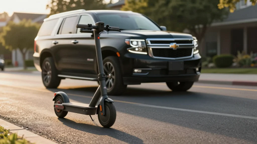 Juris digital an image of an e scooter and a Chevrolet Tahoe on the road e86b20f2 e526 4915 a70b 023881d3dda7