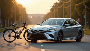 Bicycle and car parked on road.
