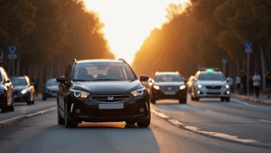 Cars on a road during sunset.