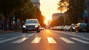 Car on street at sunrise.