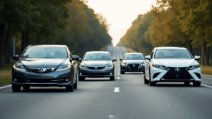 Four cars on a tree-lined road.