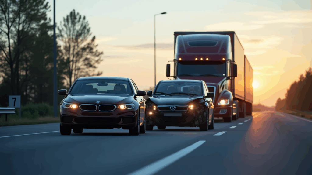 Samantha Parian dos coches sedán chocó con un camión grande en la carretera a3875a54 6333 4d2d bb26 4c8b7a8c69f6 1