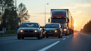 Two cars near a big rig.