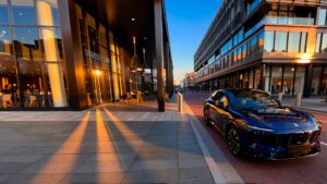 Modern commercial area at sunset.