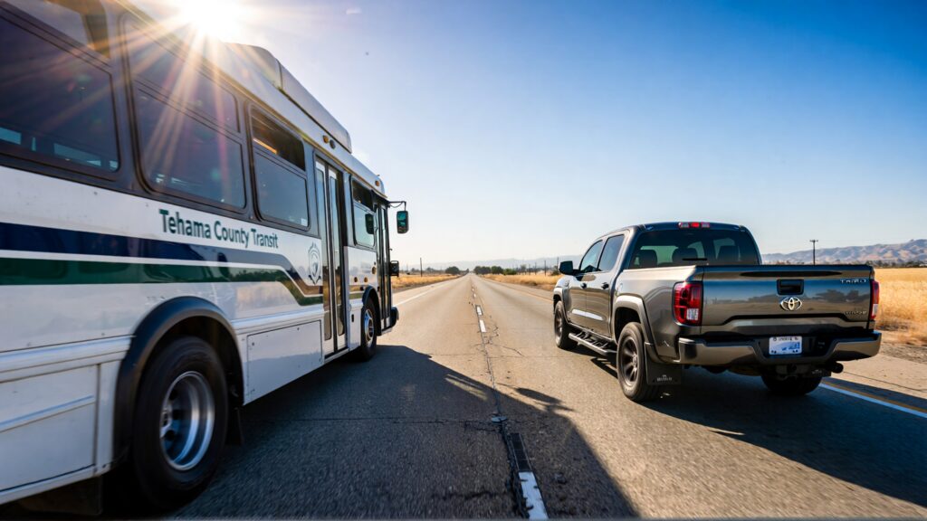 Juris digital a Toyota tacoma truck and a Tehama County transit bus on Highway df7fe999 a1e2 4096 b389 b990cab4e984
