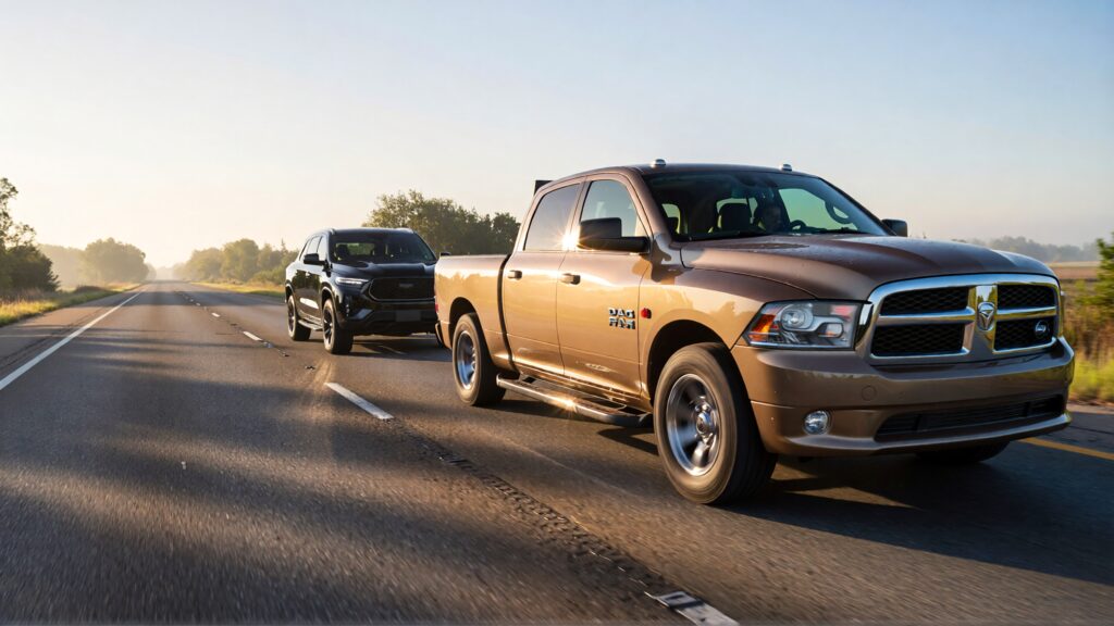 Juris digital a beige Dodge Ram pickup truck and a black SUV on the road in the 7af4365f b60d 4975 a2a0 3edf5faecb99