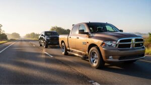 Beige truck and black SUV driving