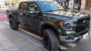 Green pickup truck on pedestrian lane