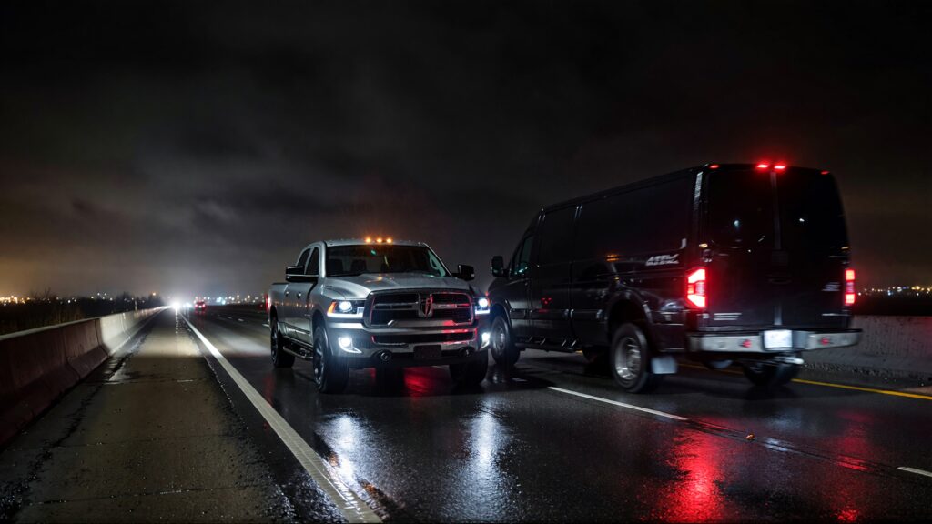 Juris digital a silver pickup truck and a black van on the road at night time 97e8dc31 75aa 49dd bcde 81eab3e5c636
