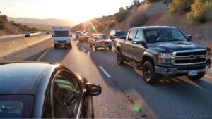 Vehicles on highway during sunset.