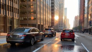Cars on a city road at sunrise.