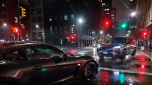 Two cars at a rainy intersection.