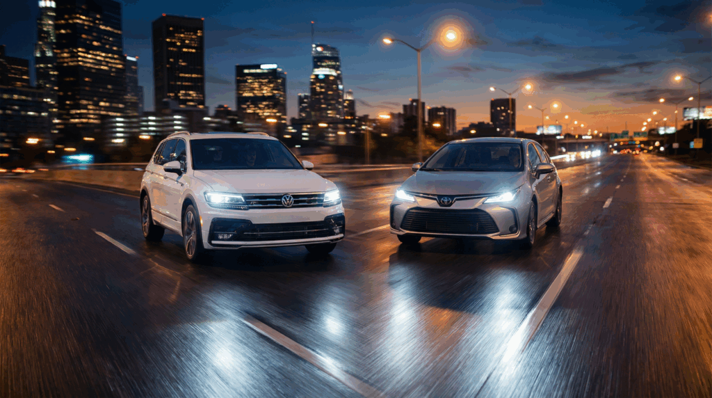 Samantha parian A sleek white Volkswagen Tiguan and a silver Toyota Corolla drivi 736106c9 550b 4a7b ba77 662eb88663f5