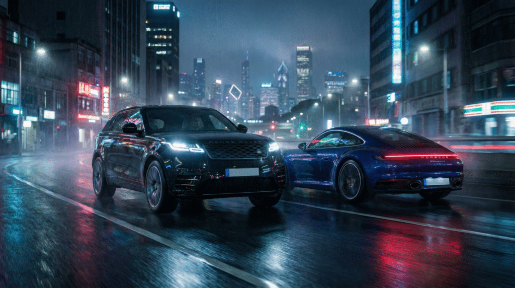 Samantha parian Cinematic night scene of a sleek black SUV and a deep blue sports 0a5511b7 5f7c 41d8 99ba aa10b0e0f377