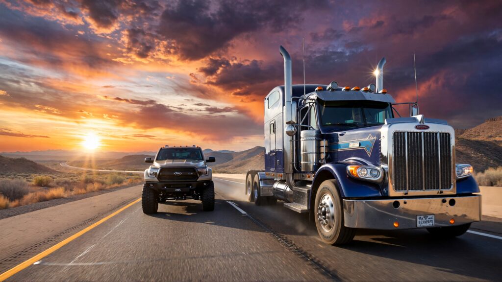 Samantha parian a big rig and a pick up truck on the road 0f164da9 d735 4f06 9060 6c13dc4b448a