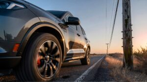 SUV on roadside at sunset