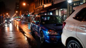 Blue Subaru and white SUV parked.