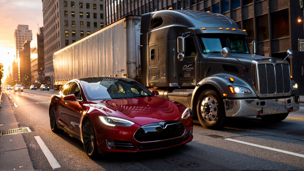 Juris digital a Tesla and a semi truck in the street 1d0477a2 8545 4a0e a1c2 3830905bc38e