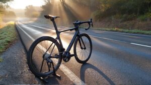 Bicycle on empty road at sunrise