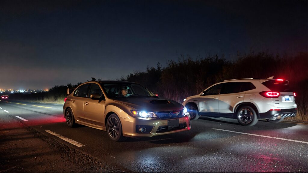 Juris digital a tan Subaru Impreza and a white Hyundai Santa Fe on the road at 25de0f25 d017 4e62 88e7 ac4abf8f5773 3