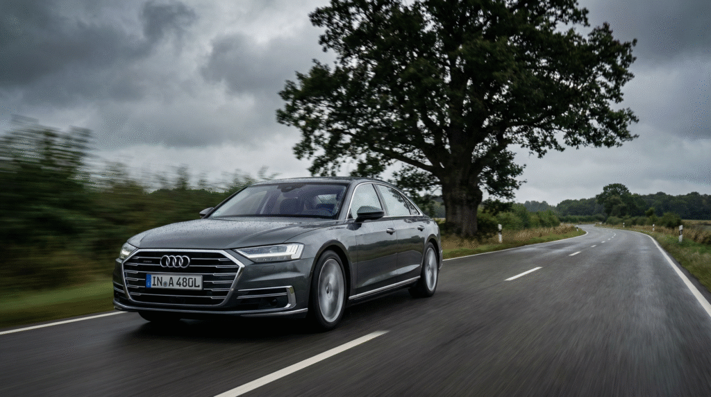 Samantha parian A high end dark gray Audi luxury sedan driving smoothly along a w 02163b98 5fdd 45de b843 e584e3345b0e