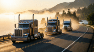 Samantha parian Three heavy duty big rig trucks driving in a convoy on a scenic h 52b55f7e 81c0 40d9 8e6c 4caa24ca1245