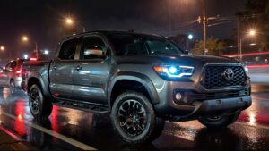 Gray Toyota Tacoma parked in rain