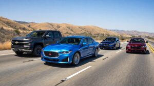 Four cars driving on highway
