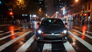 Toyota Scion on rainy street at night