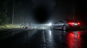Bicycle and car on wet road.