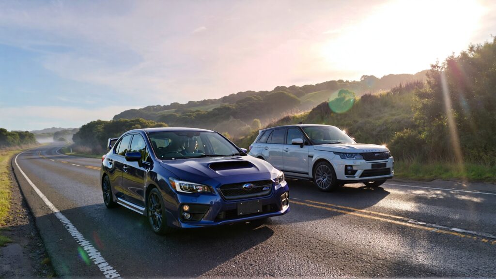 Juris digital a blue Subaru and a white Range Rover SUV on the road in the morn af207716 641a 47b0 98eb e0e0c7d2a892 1