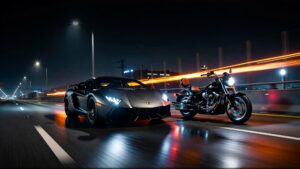 Luxury car and motorcycle on highway