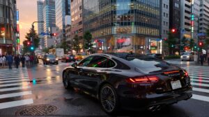 Luxury car at urban intersection.