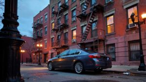Car parked near apartment buildings.