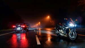 Motorcycle and car on wet road