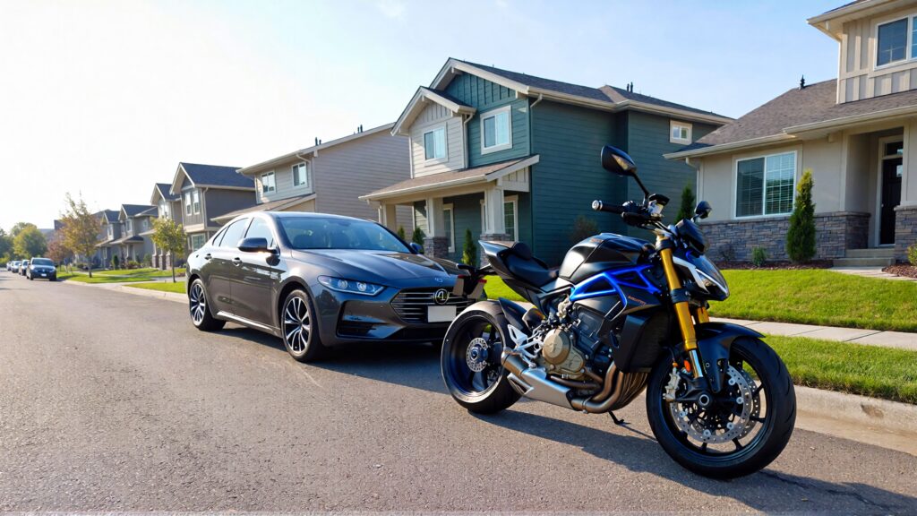 Juris digital a motorcycle and a car on the street near some houses addb35c1 a22f 471d b458 cb811d409e17