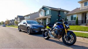 Motorcycle and car parked on street.